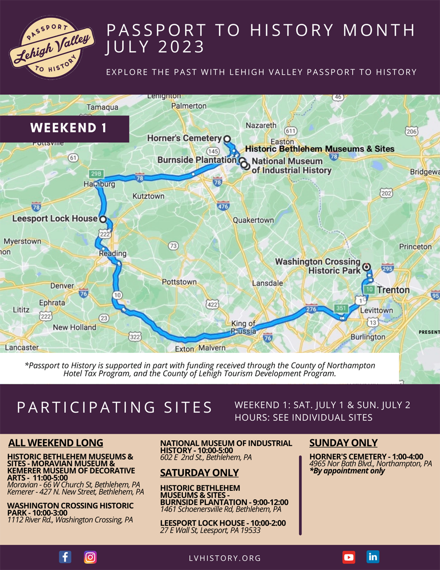 Map of historic sites participating in Passport to History Month 2023, Weekend 1: Sat. July 1 & Sun. July 2