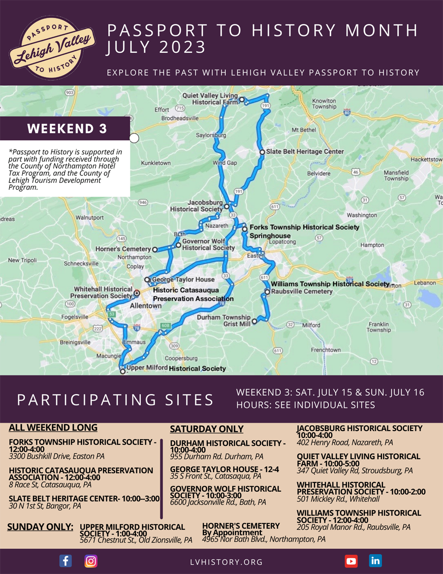 Map of historic sites participating in Passport to History Month 2023, Weekend 3: Sat, July 15 & Sun. July 16