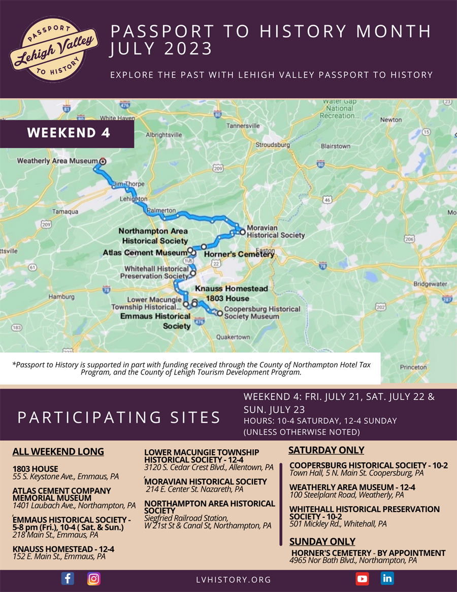 Map of historic sites participating in Passport to History Month 2023, Weekend 4: Fri. July 21, Sat. July 22, & Sun, July 23
