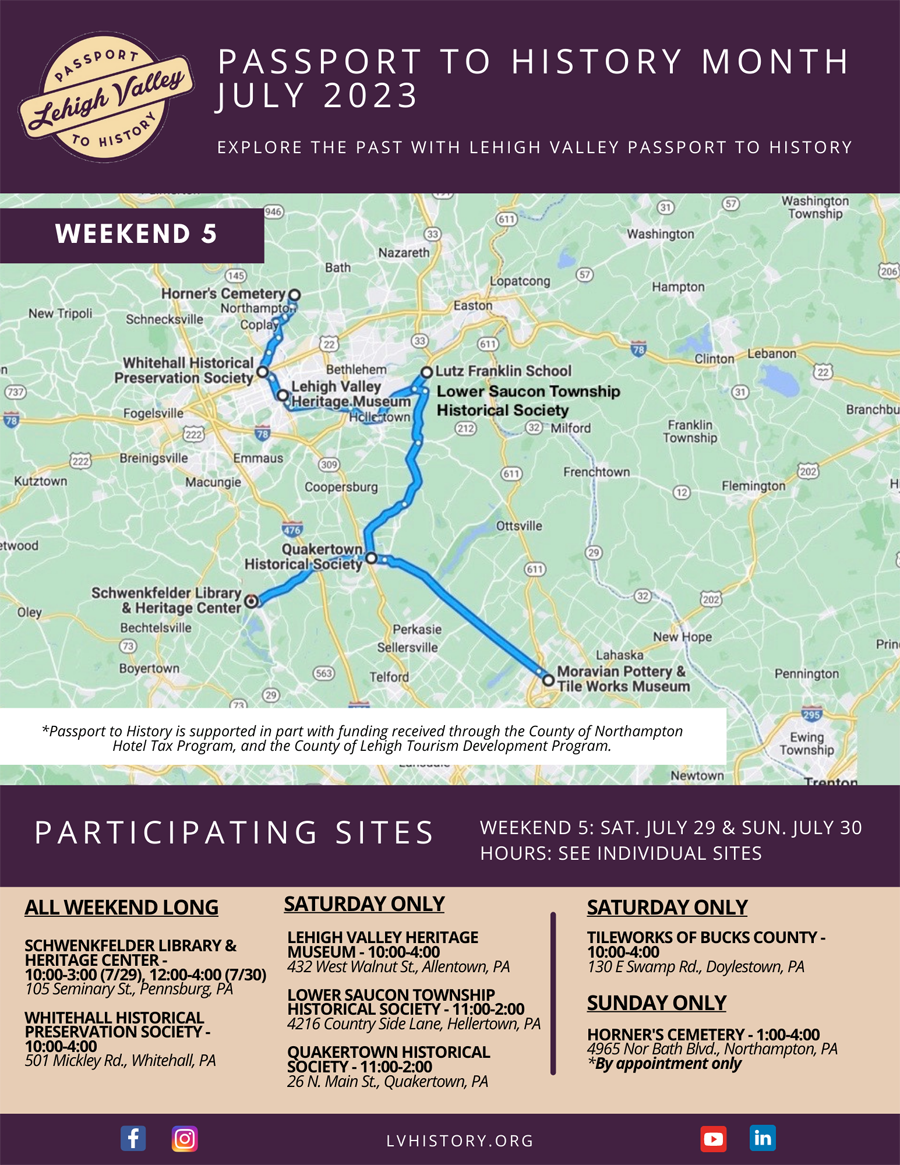 Map of historic sites participating in Passport to History Month 2023, Weekend 5: Sat. July 29 & Sun. July 30